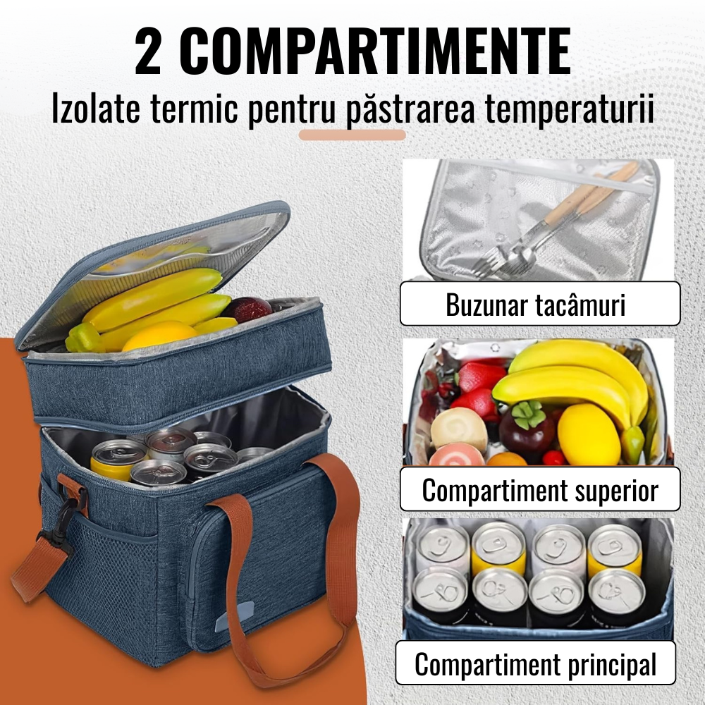 Geanta Termica pentru Pranz, 2 Compartimente, Impermeabila, Buzunare Laterale, Curea Umar,  25.5x18x30cm