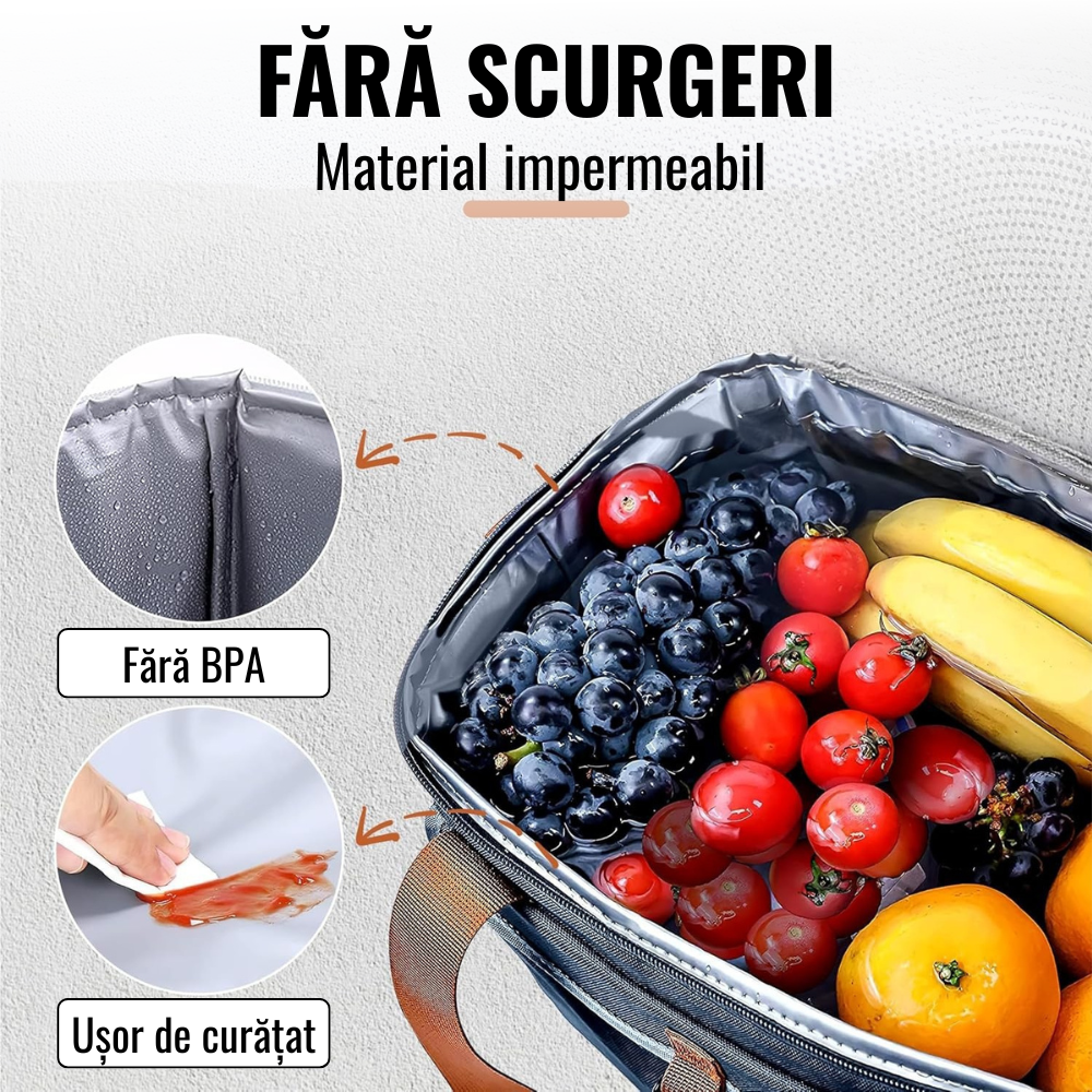 Geanta Termica pentru Pranz, 2 Compartimente, Impermeabila, Buzunare Laterale, Curea Umar,  25.5x18x30cm