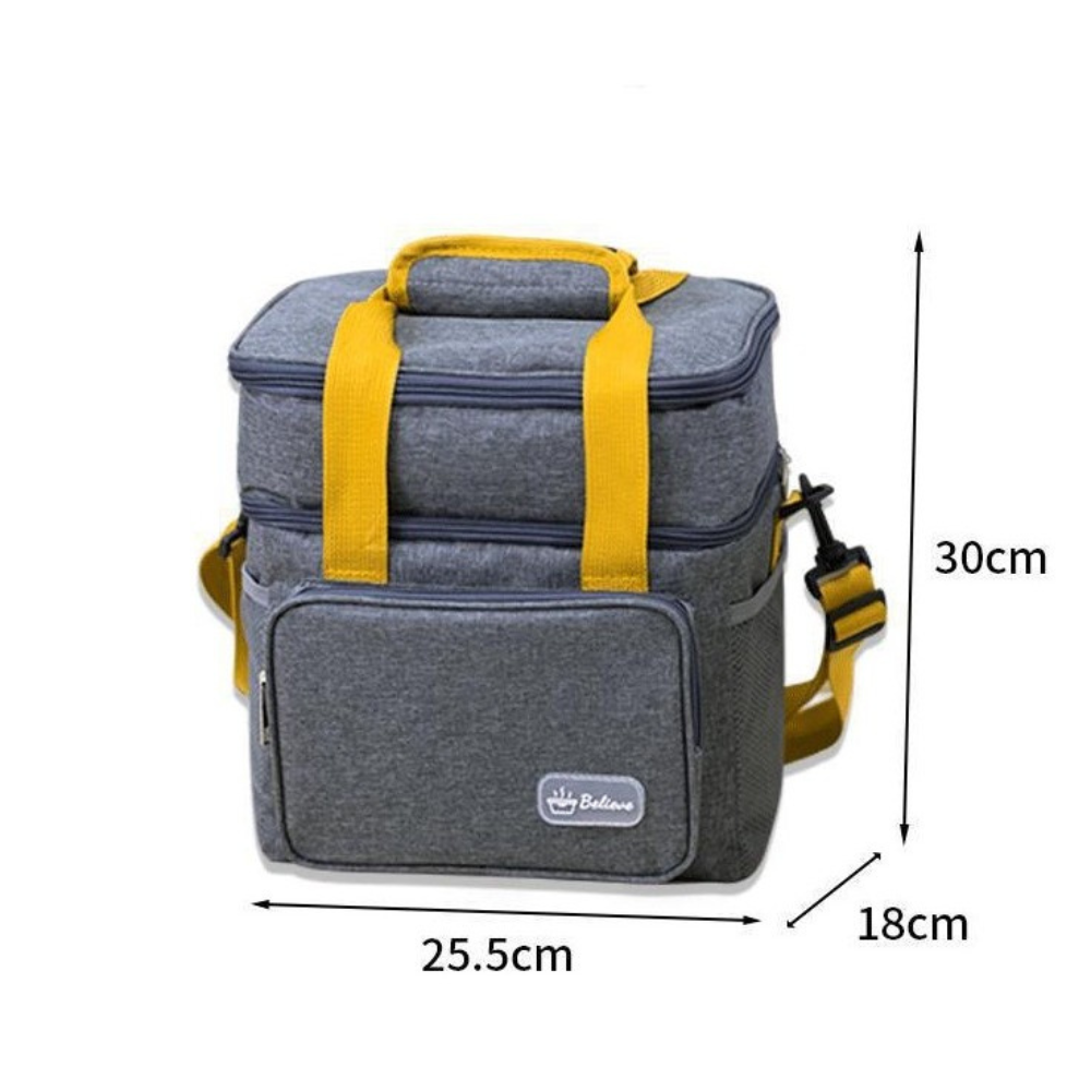 Geanta Termica pentru Pranz, 2 Compartimente, Impermeabila, Buzunare Laterale, Curea Umar,  25.5x18x30cm