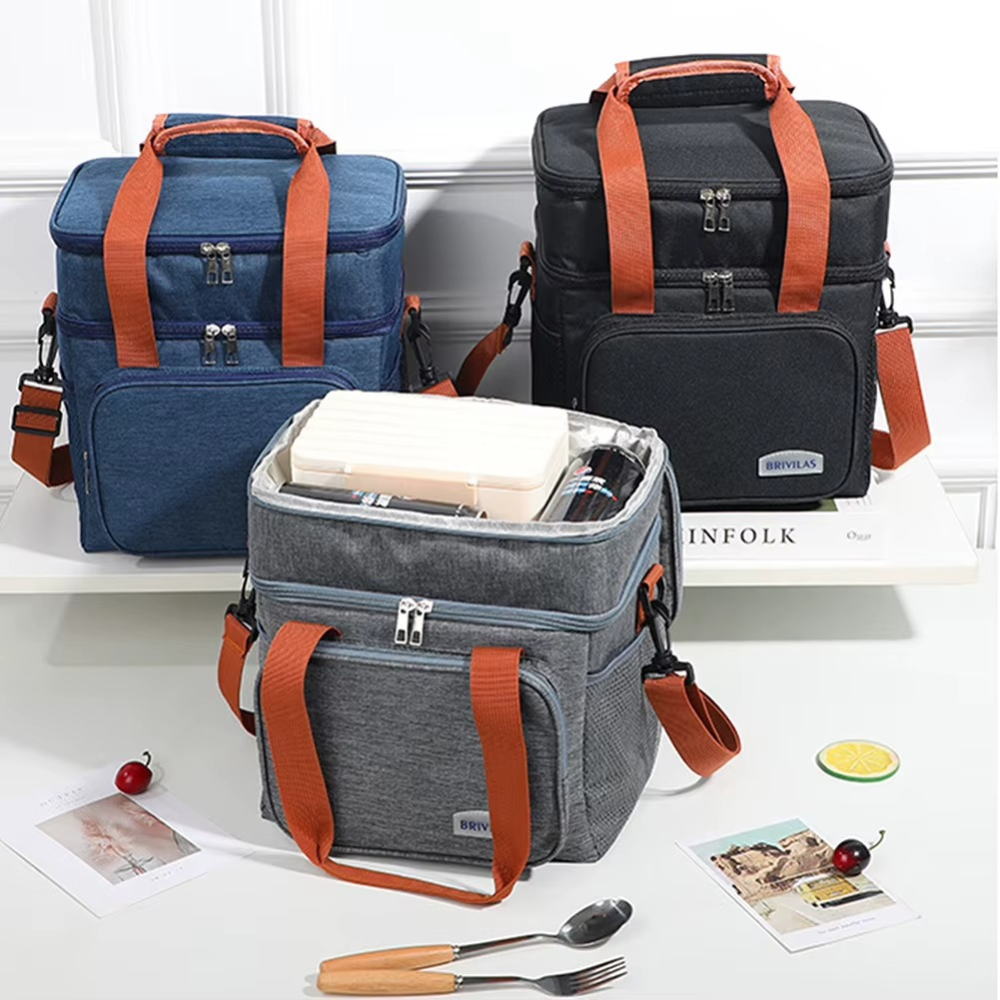 Geanta Termica pentru Pranz, 2 Compartimente, Impermeabila, Buzunare Laterale, Curea Umar,  25.5x18x30cm