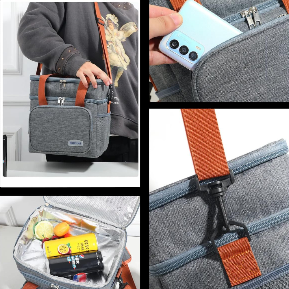 Geanta Termica pentru Pranz, 2 Compartimente, Impermeabila, Buzunare Laterale, Curea Umar,  25.5x18x30cm