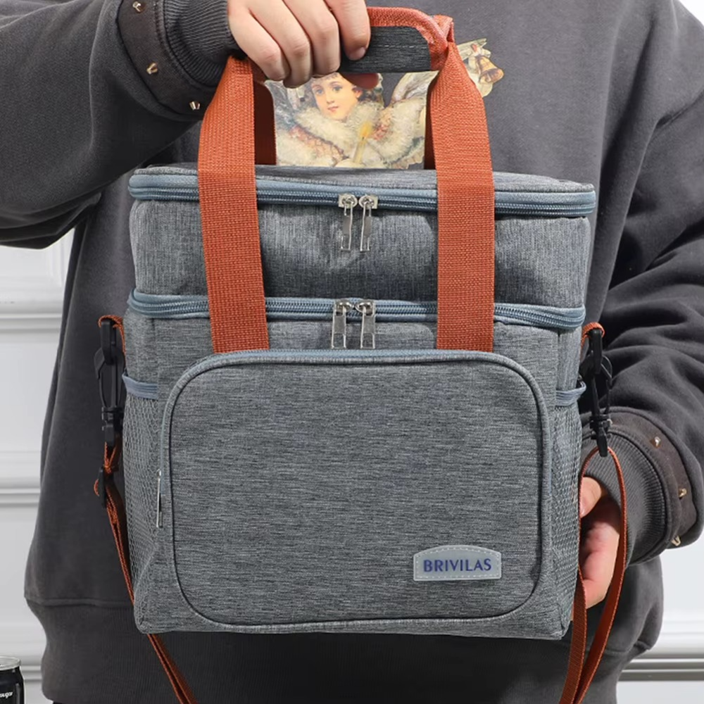 Geanta Termica pentru Pranz, 2 Compartimente, Impermeabila, Buzunare Laterale, Curea Umar,  25.5x18x30cm