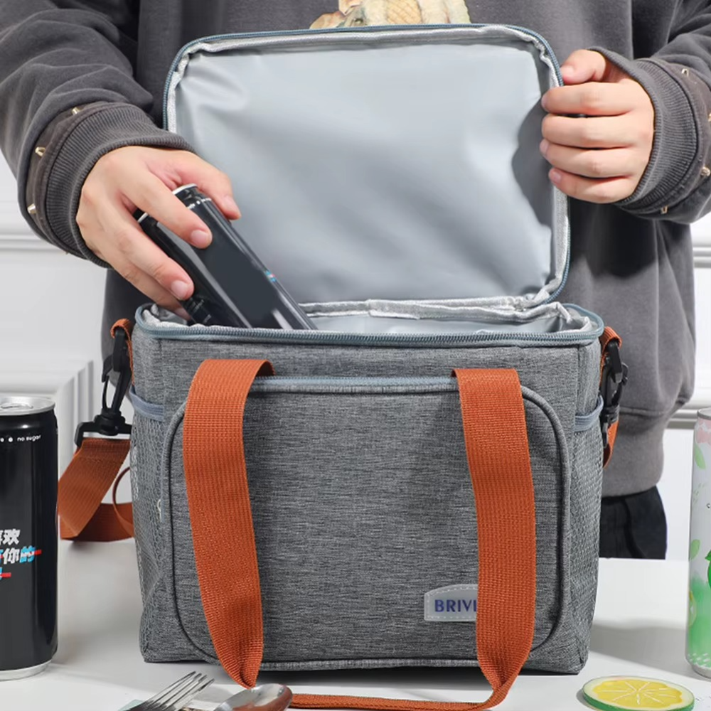 Geanta Termica pentru Pranz, 2 Compartimente, Impermeabila, Buzunare Laterale, Curea Umar,  25.5x18x30cm