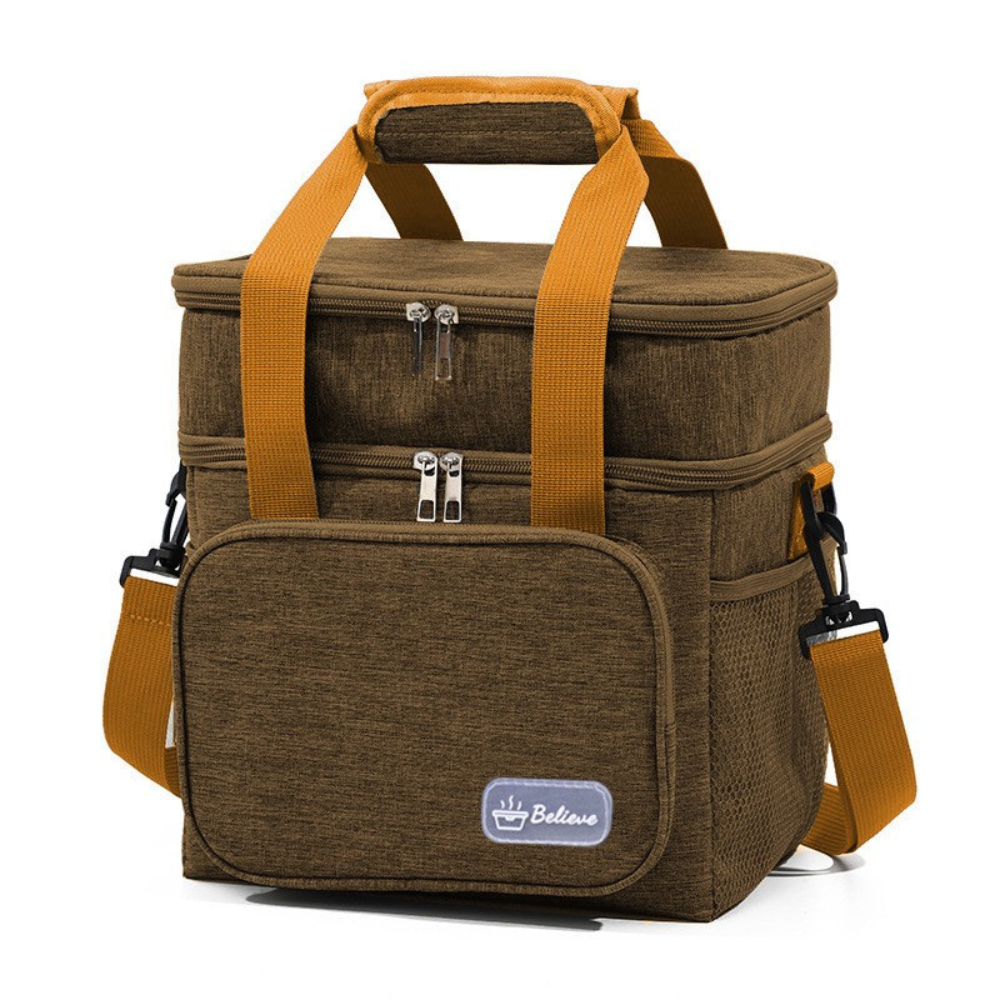 Geanta Termica pentru Pranz, 2 Compartimente, Impermeabila, Buzunare Laterale, Curea Umar,  25.5x18x30cm