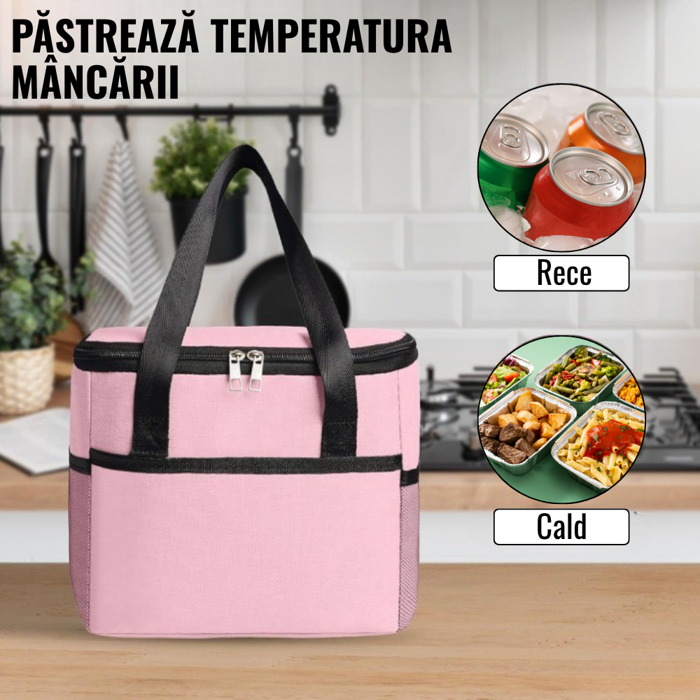 Geanta Termica pentru Pranz, 24x18x21cm, Impermeabila, Buzunare Laterale