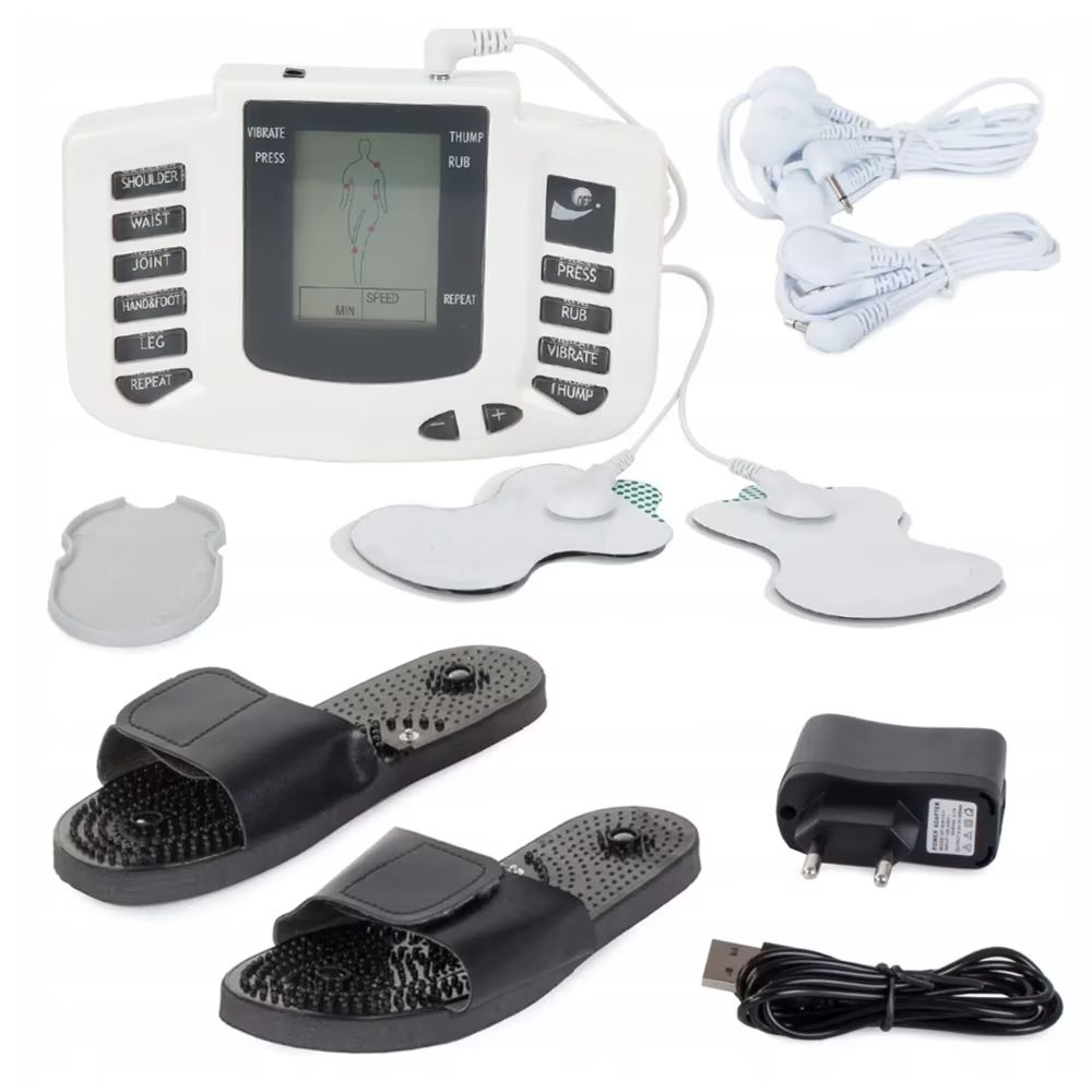 Set Aparat Electrostimulare, 4 Electrozi, Aparat de Masaj, Full Body, 9 Programe, Ecran LCD, Tonifiere, Alb