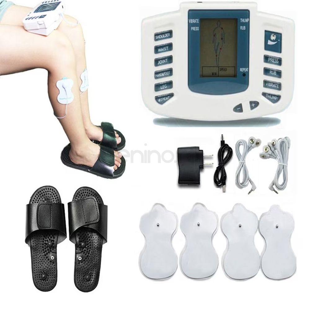Set Aparat Electrostimulare, 4 Electrozi, Aparat de Masaj, Full Body, 9 Programe, Ecran LCD, Tonifiere, Alb