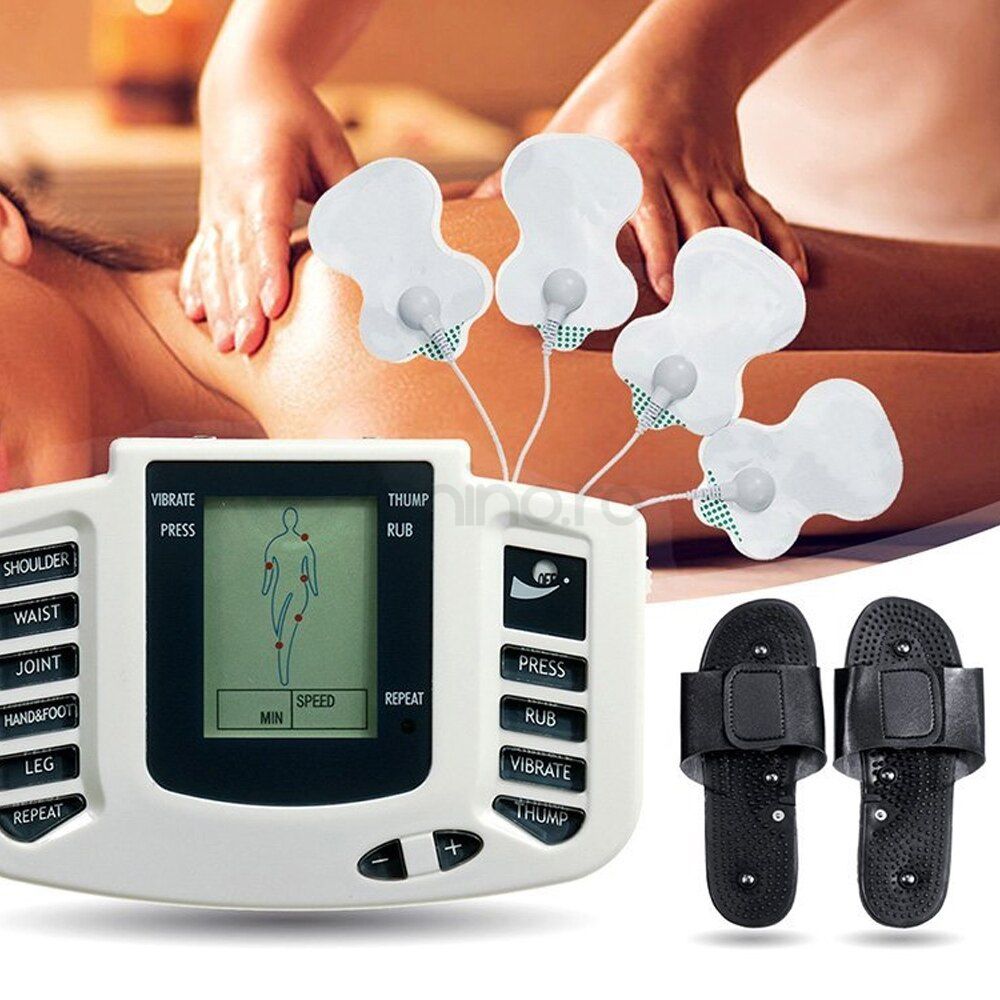 Set Aparat Electrostimulare, 4 Electrozi, Aparat de Masaj, Full Body, 9 Programe, Ecran LCD, Tonifiere, Alb