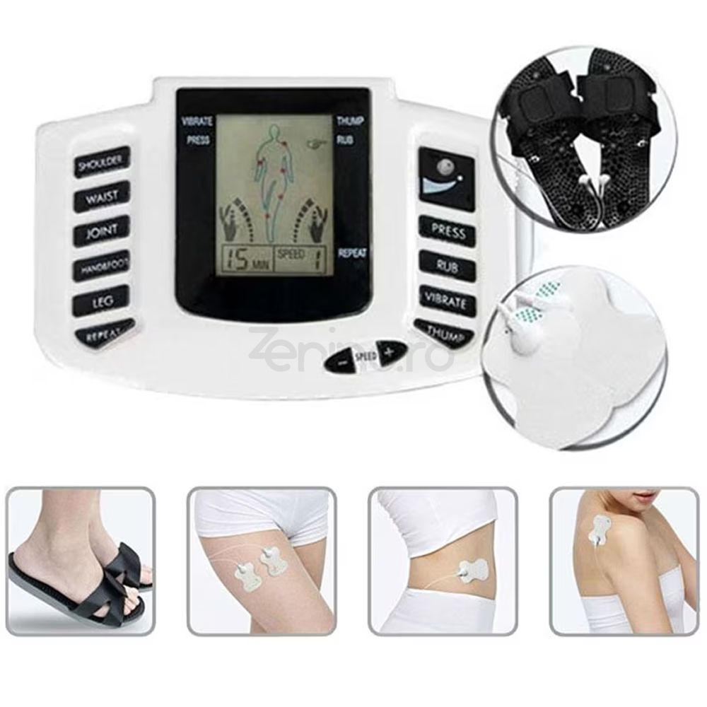 Set Aparat Electrostimulare, 4 Electrozi, Aparat de Masaj, Full Body, 9 Programe, Ecran LCD, Tonifiere, Alb