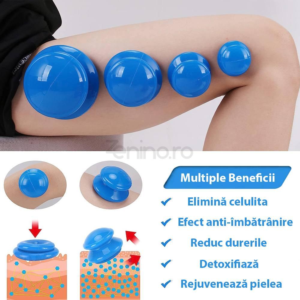 Set of 4 Massage Cupping Cups, Therapeutic, Anti-Cellulite, Relaxation, Soft Silicone, Transparent/Blue