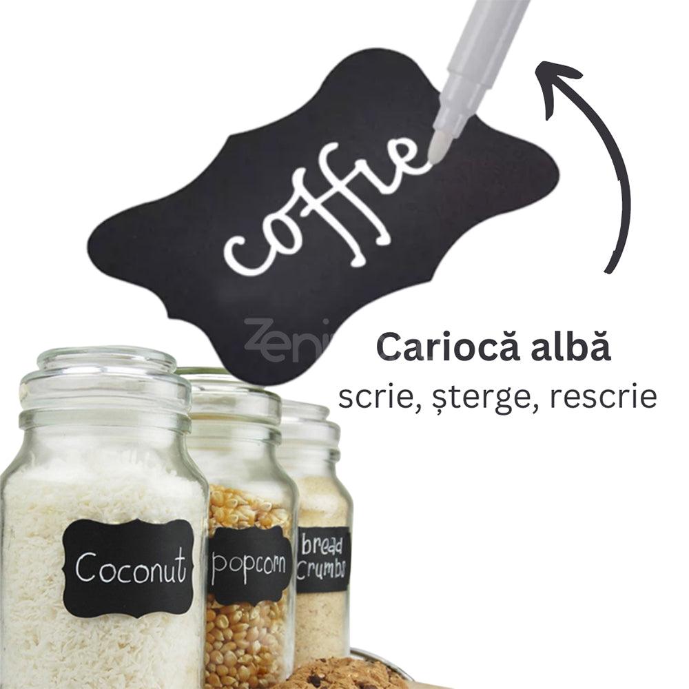 Set 24 Etichete Autoadezive, Dezlipire Usoara, pentru Borcane, Vase, Sticle, Carioca Alba inclusa, PVC, 5cm x 3.5cm, Negru
