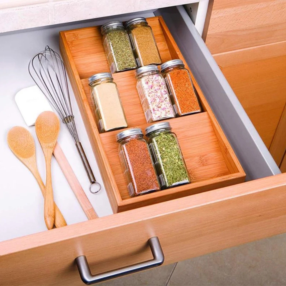 Поставка за подправки, чекмедже, 3 нива, бамбук