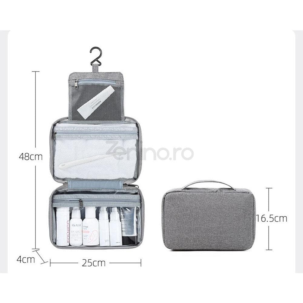 Cosmetic Bag, for Travel, 3 Compartments, Waterproof, Hangers, Textile Material, Gray