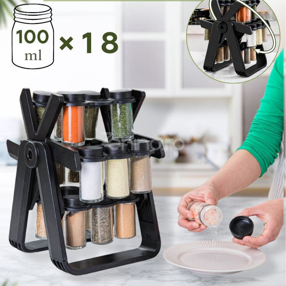 Rotating Spice Rack, 18 100ml Bottles, Easy to Assemble, Black