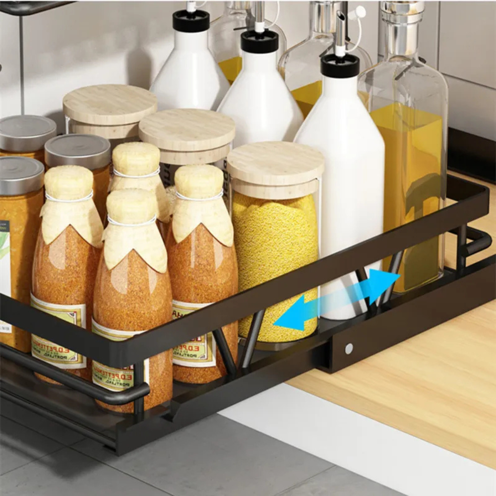 Raft Organizator cu 2 Niveluri, Potrivit sub Chiuveta, din Metal, 37x27x36.5cm, Negru