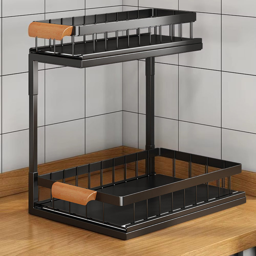 Raft Organizator cu 2 Niveluri, Potrivit sub Chiuveta, din Metal, 37x27x36.5cm, Negru