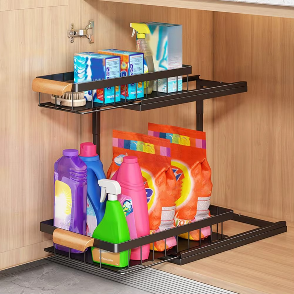 Raft Organizator cu 2 Niveluri, Potrivit sub Chiuveta, din Metal, 37x27x36.5cm, Negru