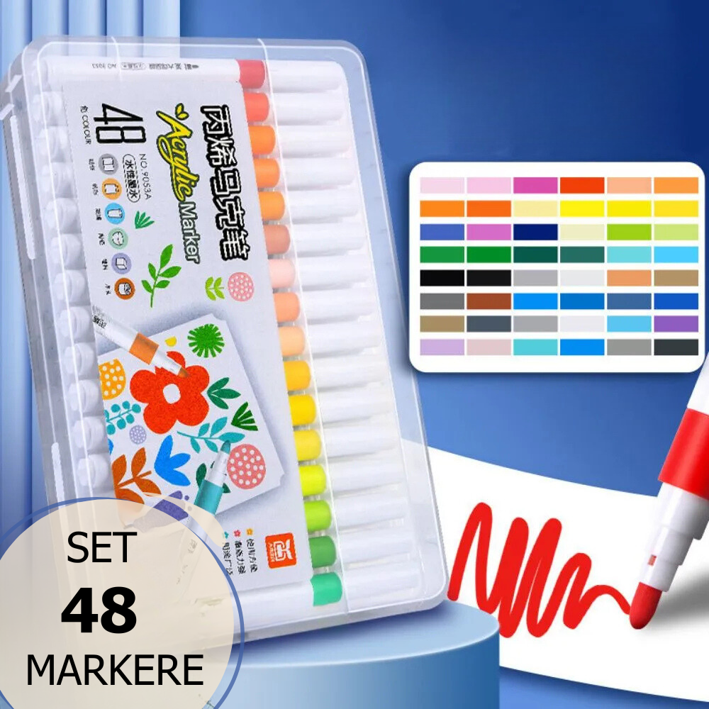 Set 48 Markere Acrilice, Varf 0.7mm, Culori Intense, Multisuprafete, Uscare Rapida, Usor de Curatat