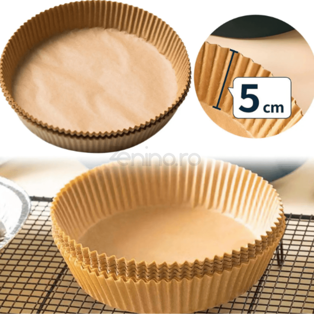 Set of 100 Baking Papers, for Airfryer, Non-Stick, Heat Resistant, Single Use, Round Pattern, 5x16cm, Brown