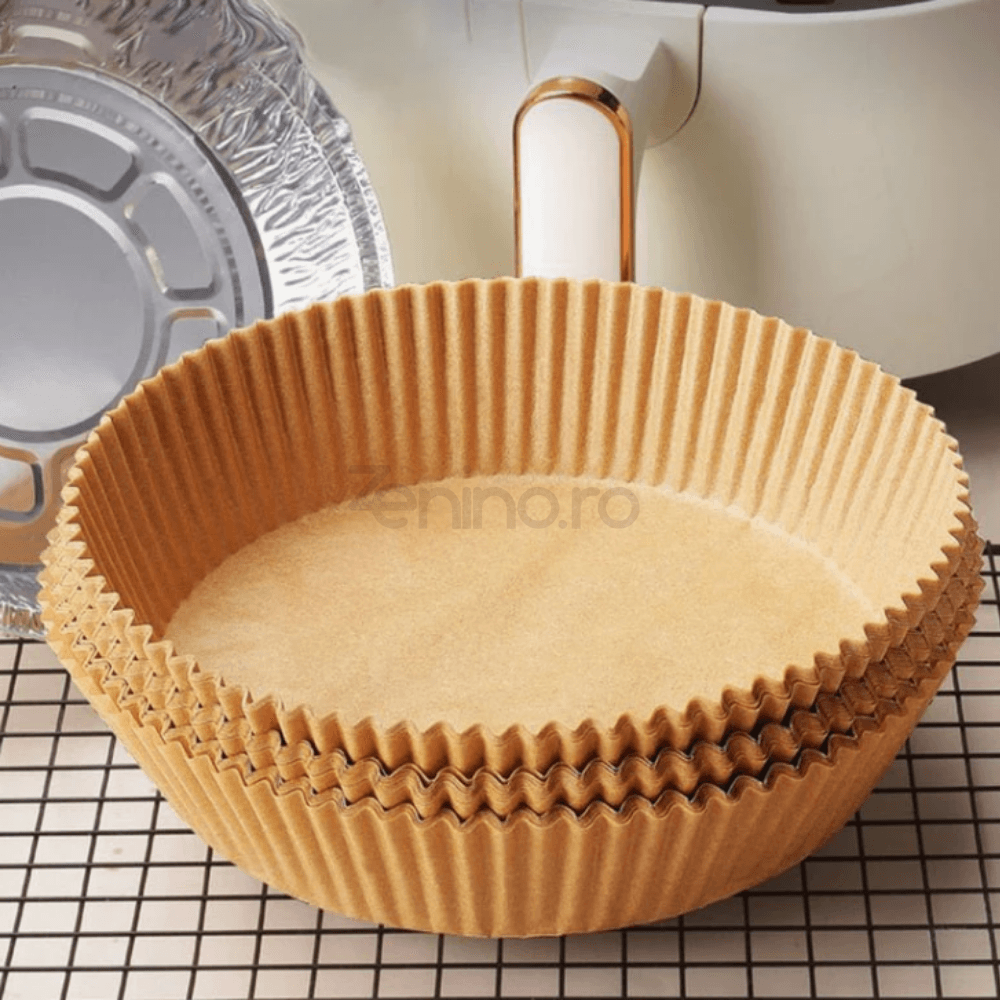 Set of 100 Baking Papers, for Airfryer, Non-Stick, Heat Resistant, Single Use, Round Pattern, 5x16cm, Brown