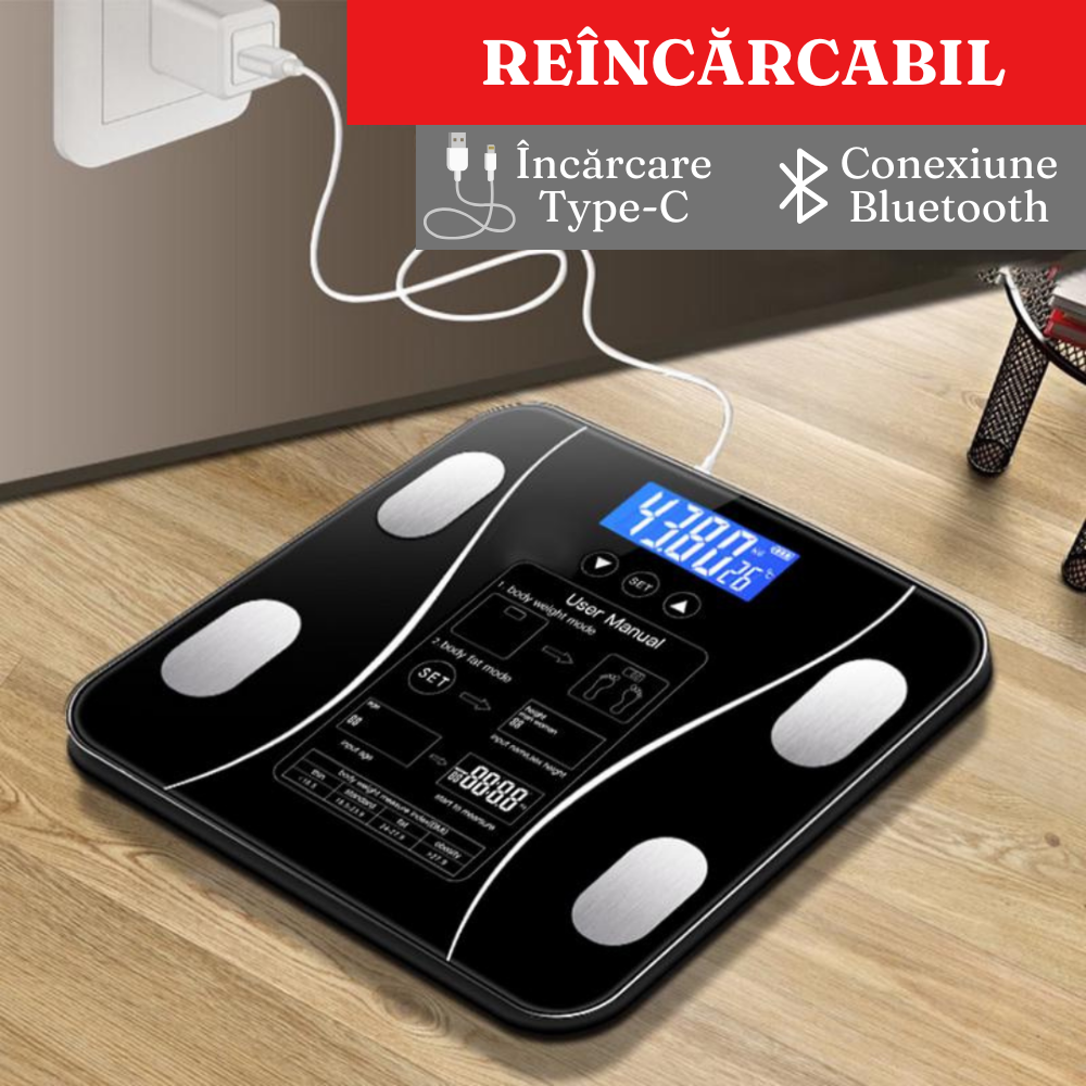 Cantar Corporal Smart, cu Aplicatie, Incarcare USB, Stocare date, 180kg