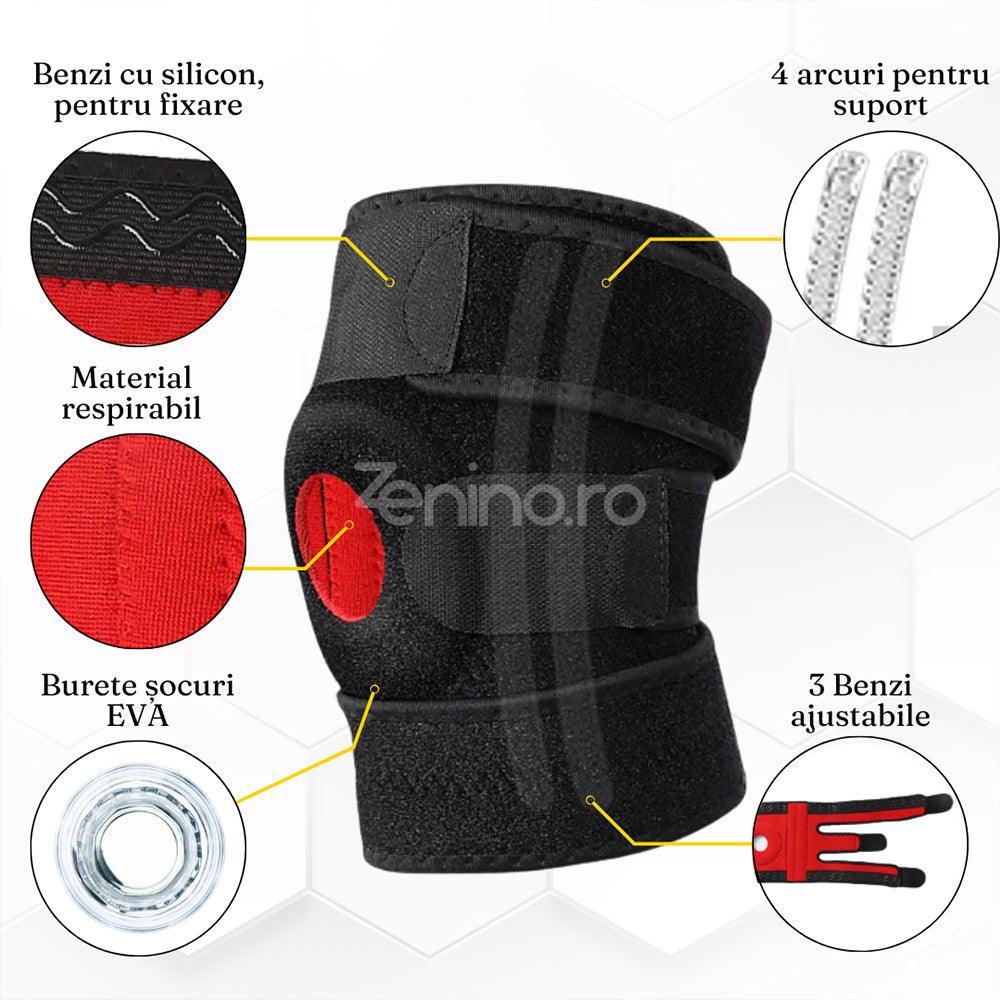 Orteza Genunchi cu 3 Prinderi, Benzi Ajustabile, Mărime Universală, Prindere Velcro, Burete EVA, Negru/Roșu