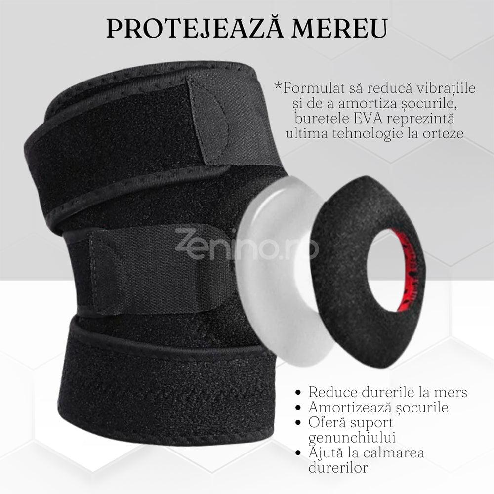 Orteza Genunchi cu 3 Prinderi, Benzi Ajustabile, Mărime Universală, Prindere Velcro, Burete EVA, Negru/Roșu