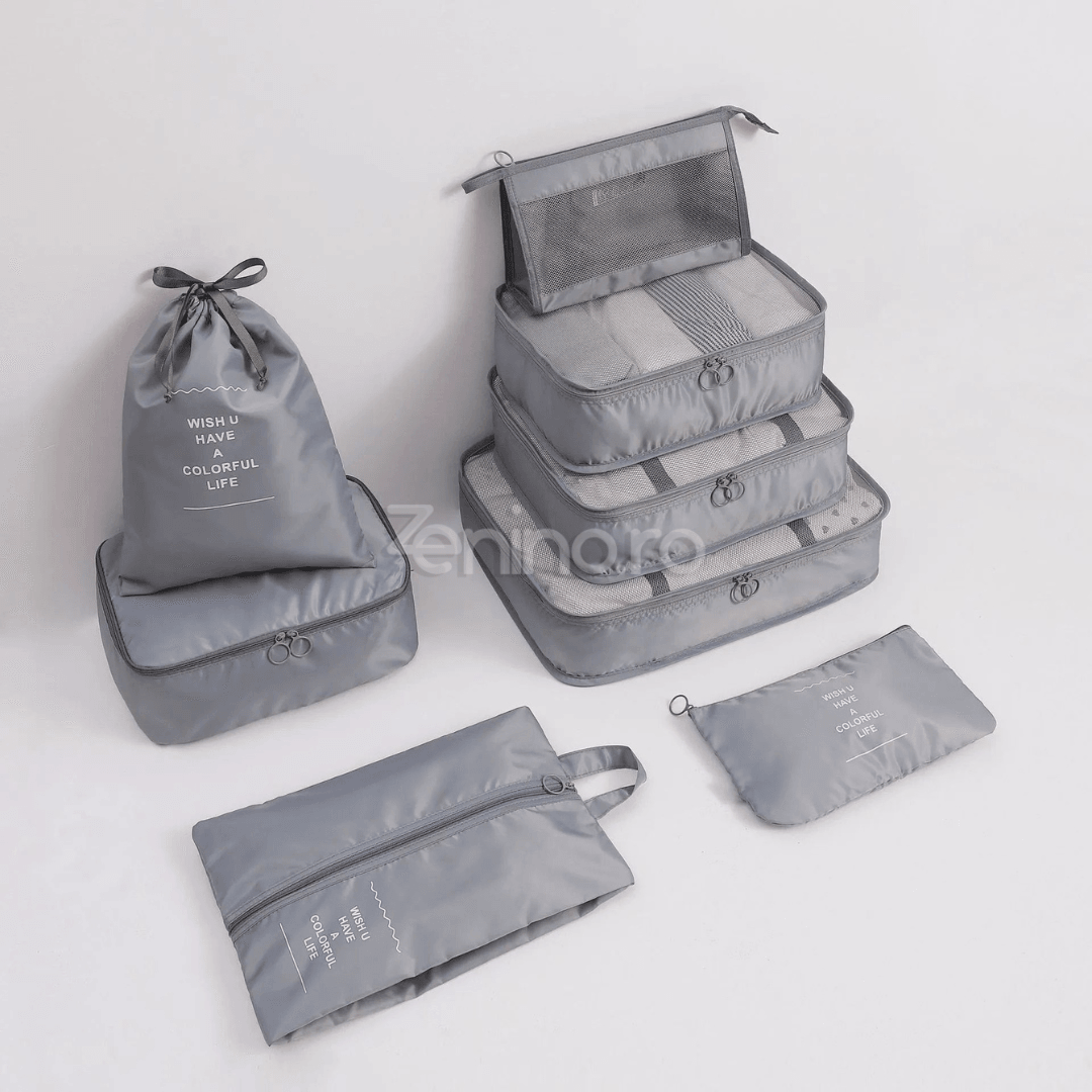 Set of 8 Luggage Organizers, Shoe Bag, Makeup Bag, Waterproof Material, Zipper Closure, for Travel, Gray, Cream