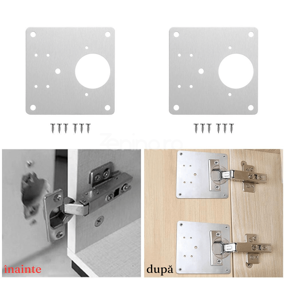 Set of 4 Flat Perforated Plates, for Hinges, Universal Model, High Strength, 20 Screws, Stainless Steel