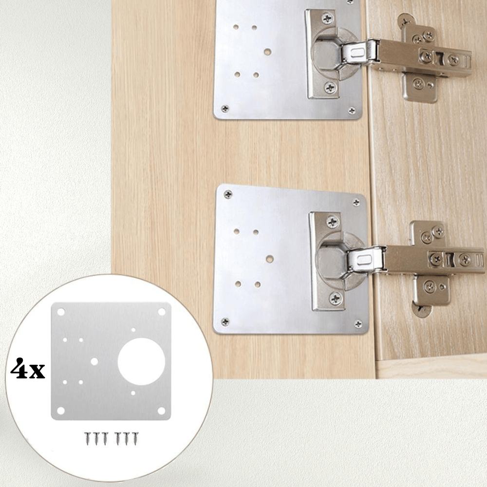Set of 4 Flat Perforated Plates, for Hinges, Universal Model, High Strength, 20 Screws, Stainless Steel