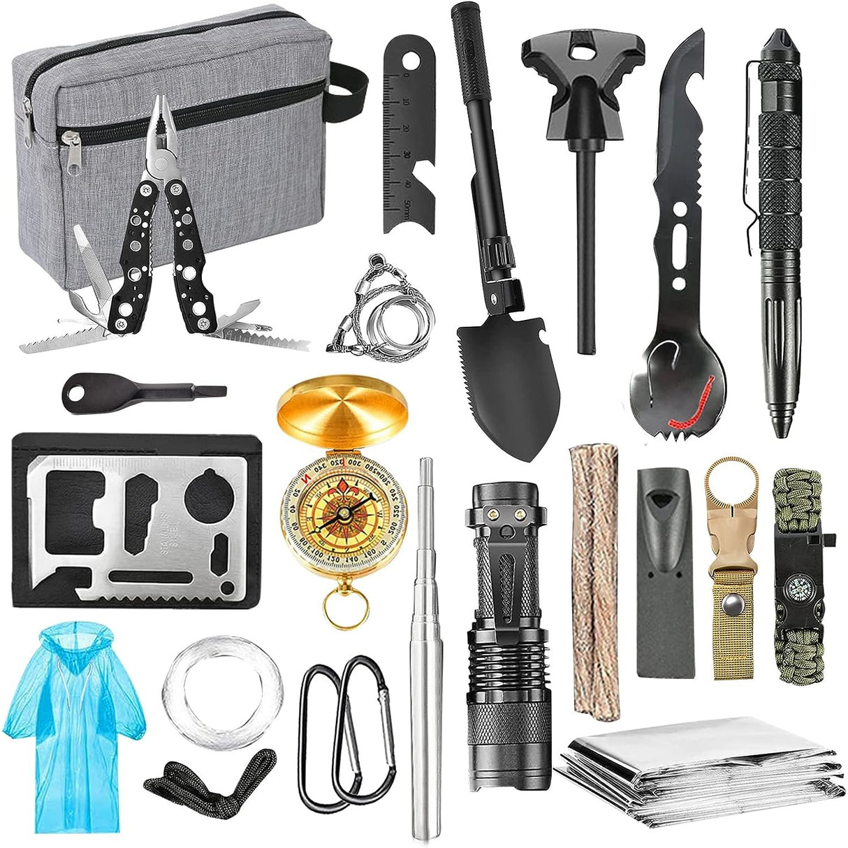 Kit Supravietuire cu Borseta, Lopata, Lanterna, Folie Izoterma, Multifunctional
