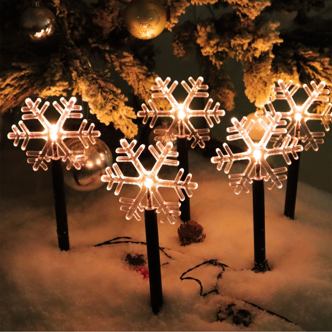 Set 5 Lampi LED, Model Fulg de Nea, Fixare in Pamant, Tip Tarus, cu Baterii, 35.5cm, Lumina Alb Cald