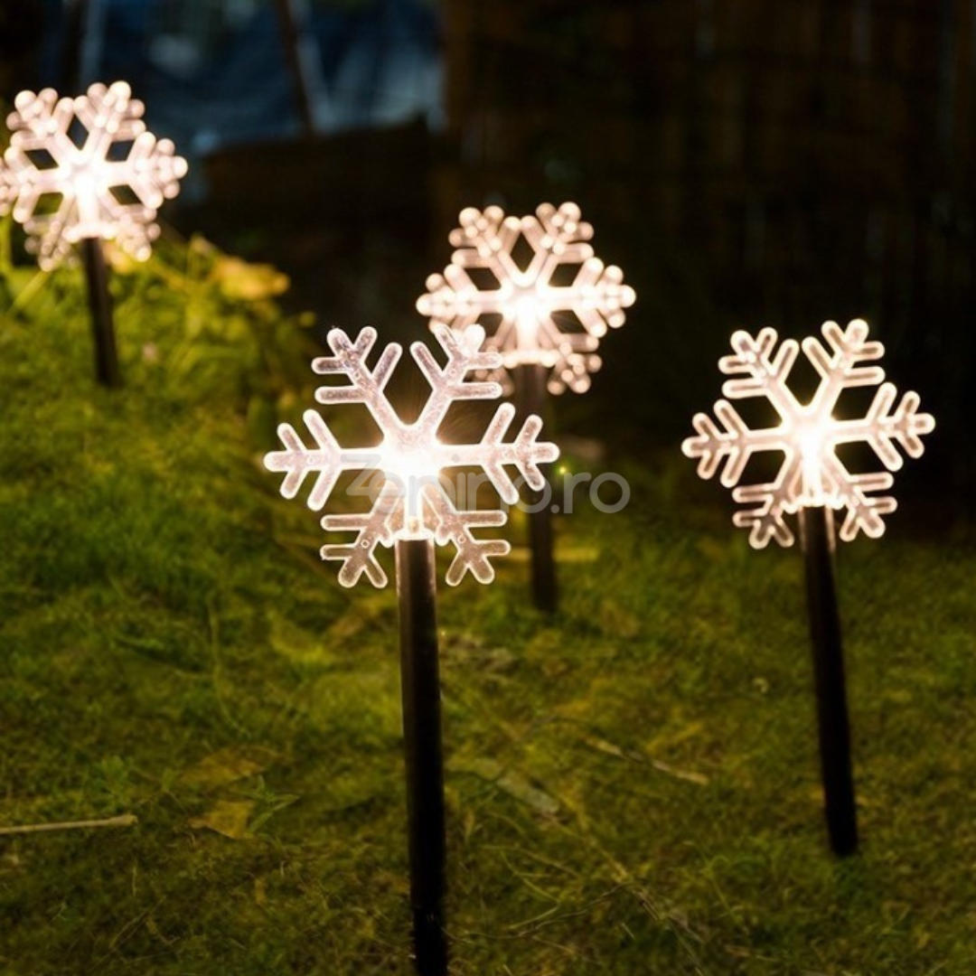 Set 5 Lampi LED, Model Fulg de Nea, Fixare in Pamant, Tip Tarus, cu Baterii, 35.5cm, Lumina Alb Cald