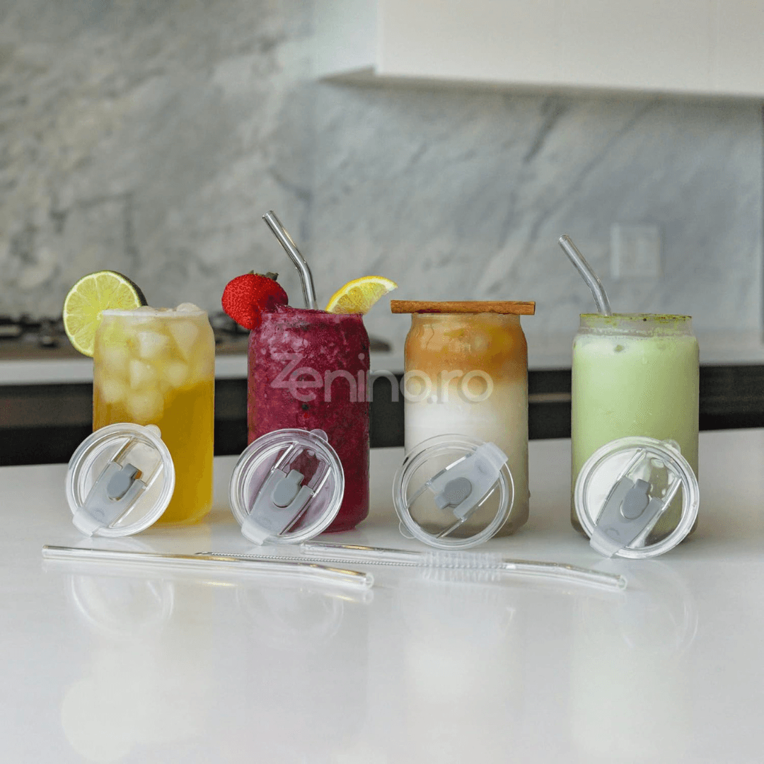 Set 4 Pahare cu Pai, Bauturi Calde si Reci, Tip Doza, Capac din Bambus/Plastic, Perie pentru Curatare, Sticla