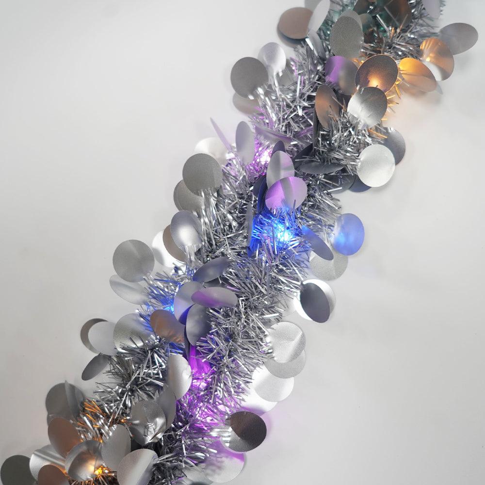 Christmas Tinsel, with LED Lights, Circle Pattern, 2m x 5cm, Blue, Silver, Gold