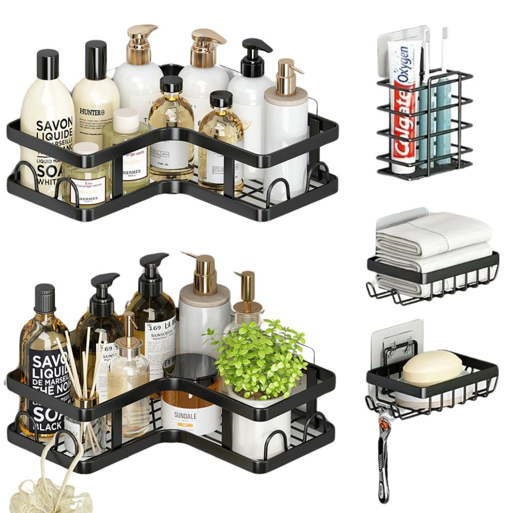 Set 5 Rafturi de Depozitare, Etajere pe Colt, Organizare, Fixare cu Banda Adeziva, Baie/Bucatarie, Metalic