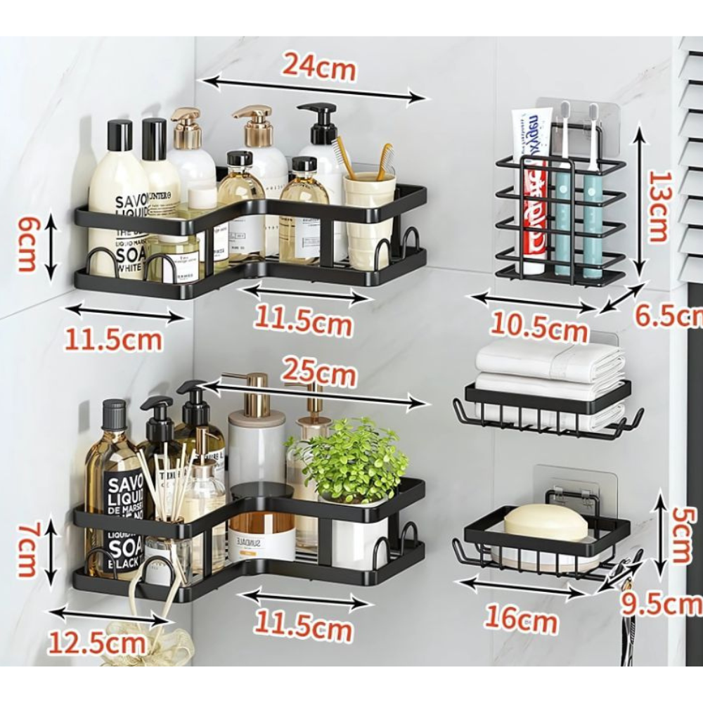 Set 5 Rafturi de Depozitare, Etajere pe Colt, Organizare, Fixare cu Banda Adeziva, Baie/Bucatarie, Metalic