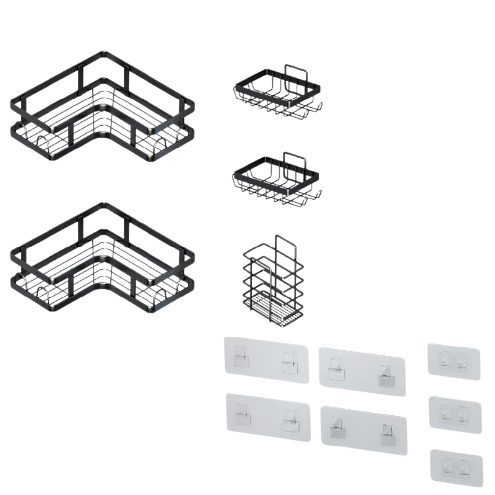 Set 5 Rafturi de Depozitare, Etajere pe Colt, Organizare, Fixare cu Banda Adeziva, Baie/Bucatarie, Metalic