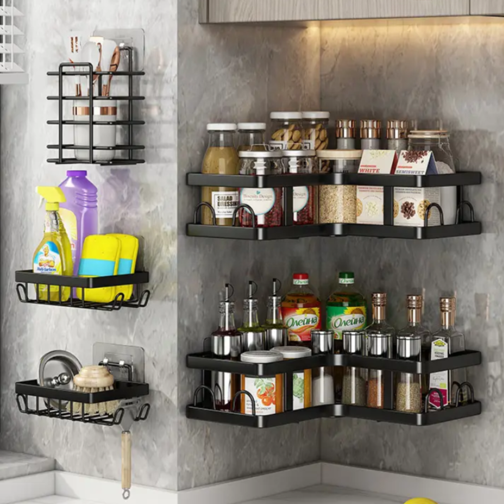 Set 5 Rafturi de Depozitare, Etajere pe Colt, Organizare, Fixare cu Banda Adeziva, Baie/Bucatarie, Metalic