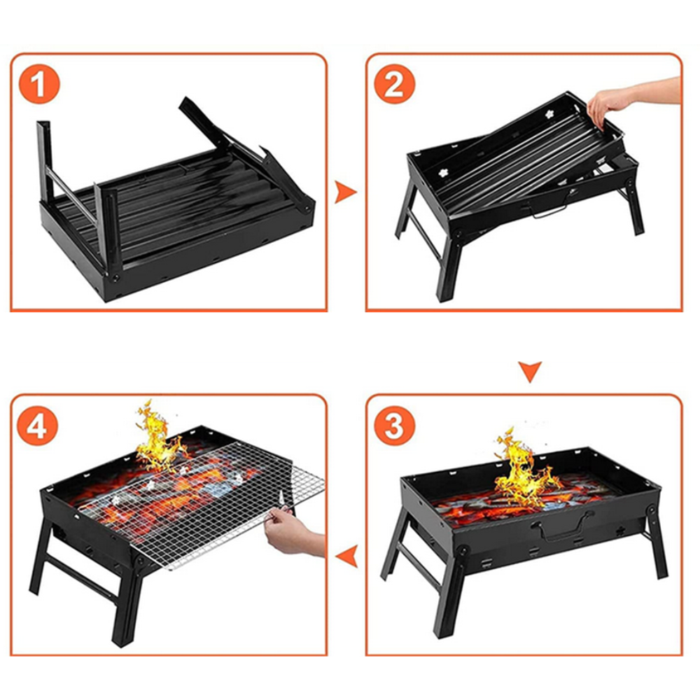 Gratar Portabil Carbuni, Tava Cromata, Model Pliabil, din Metal, Negru