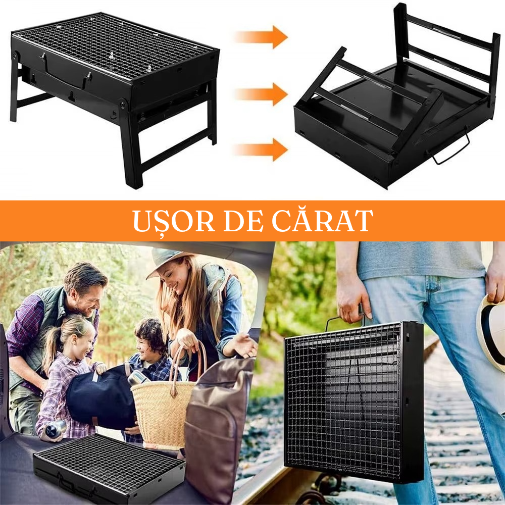 Gratar Portabil Carbuni, Tava Cromata, Model Pliabil, din Metal, Negru