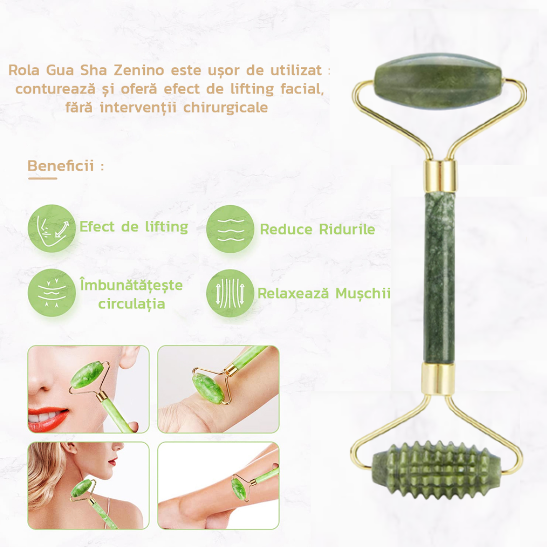Set of 3 Massage Accessories, Jade Roller, Double Roller, Gua Sha Stone, For Elasticity, Toning, Brightness, Anti-Wrinkle, Face and Body, Green
