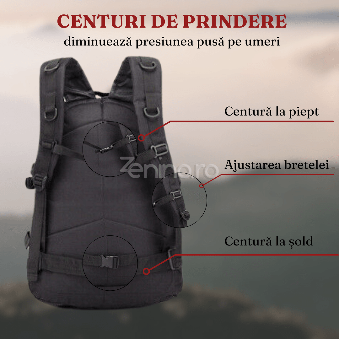 Rucsac Tactic Militar, 40L, Impermeabil, 2 Compartimente, Centuri de Prindere, Acoperire PVC, Incapator, 45x35x18cmNegru