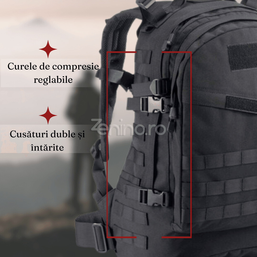 Rucsac Tactic Militar, 40L, Impermeabil, 2 Compartimente, Centuri de Prindere, Acoperire PVC, Incapator, 45x35x18cmNegru