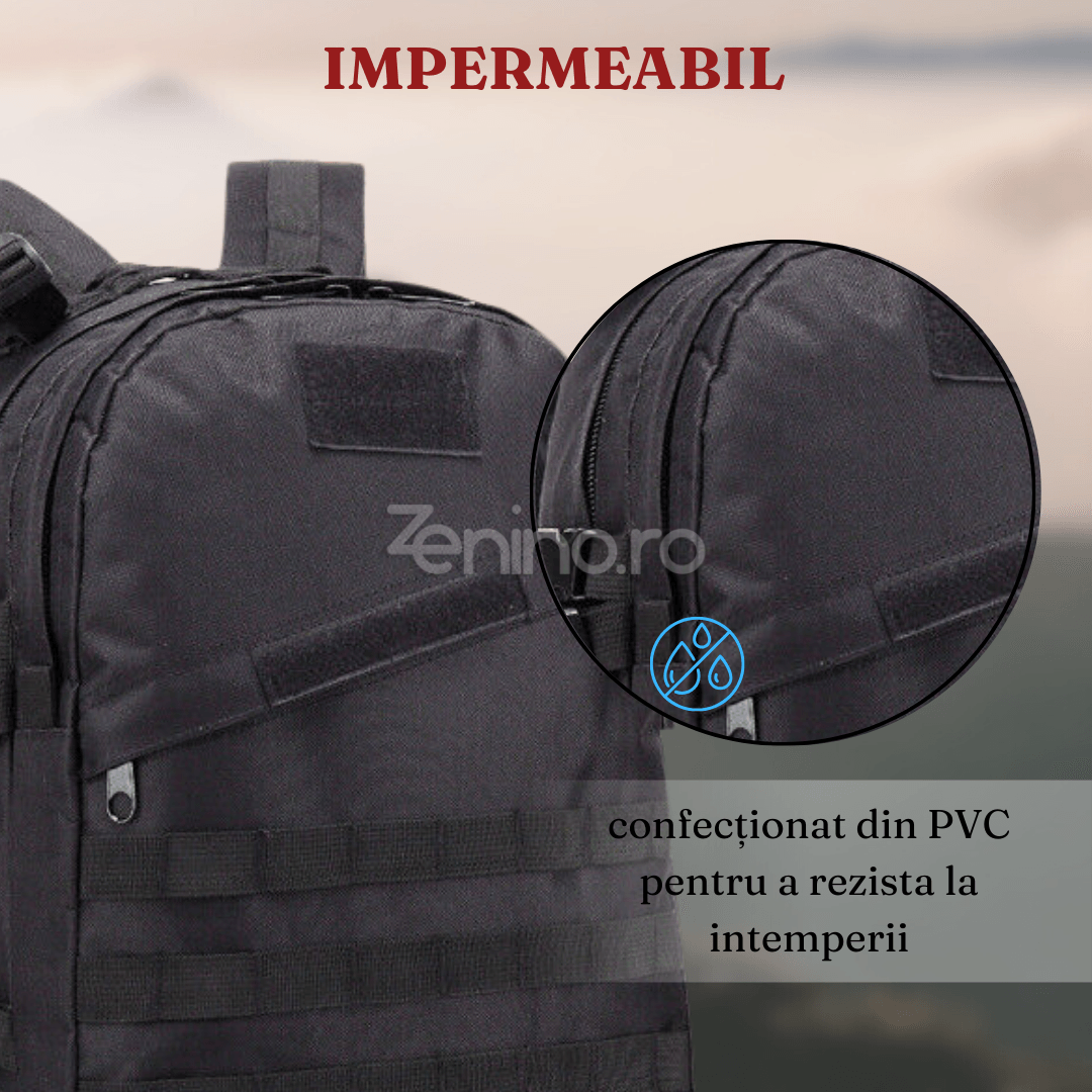 Rucsac Tactic Militar, 40L, Impermeabil, 2 Compartimente, Centuri de Prindere, Acoperire PVC, Incapator, 45x35x18cmNegru