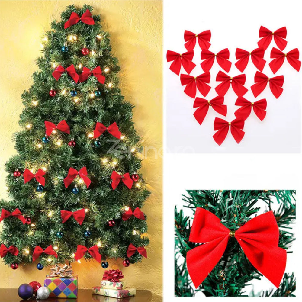 Christmas Ornaments Set, Bow Pattern, Tree Decorations, Velvet Style, 5x5cm, Red