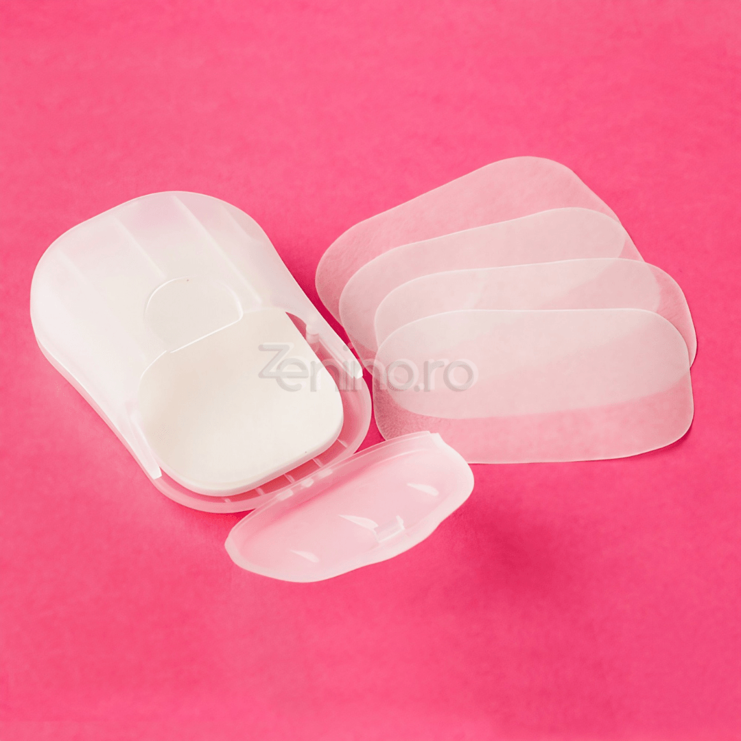 Set of 20 Soap Sheets, Mini Box Included, Single Use, Perfect for Travel, Biodegradable, Compact Size, 7x4.6cm