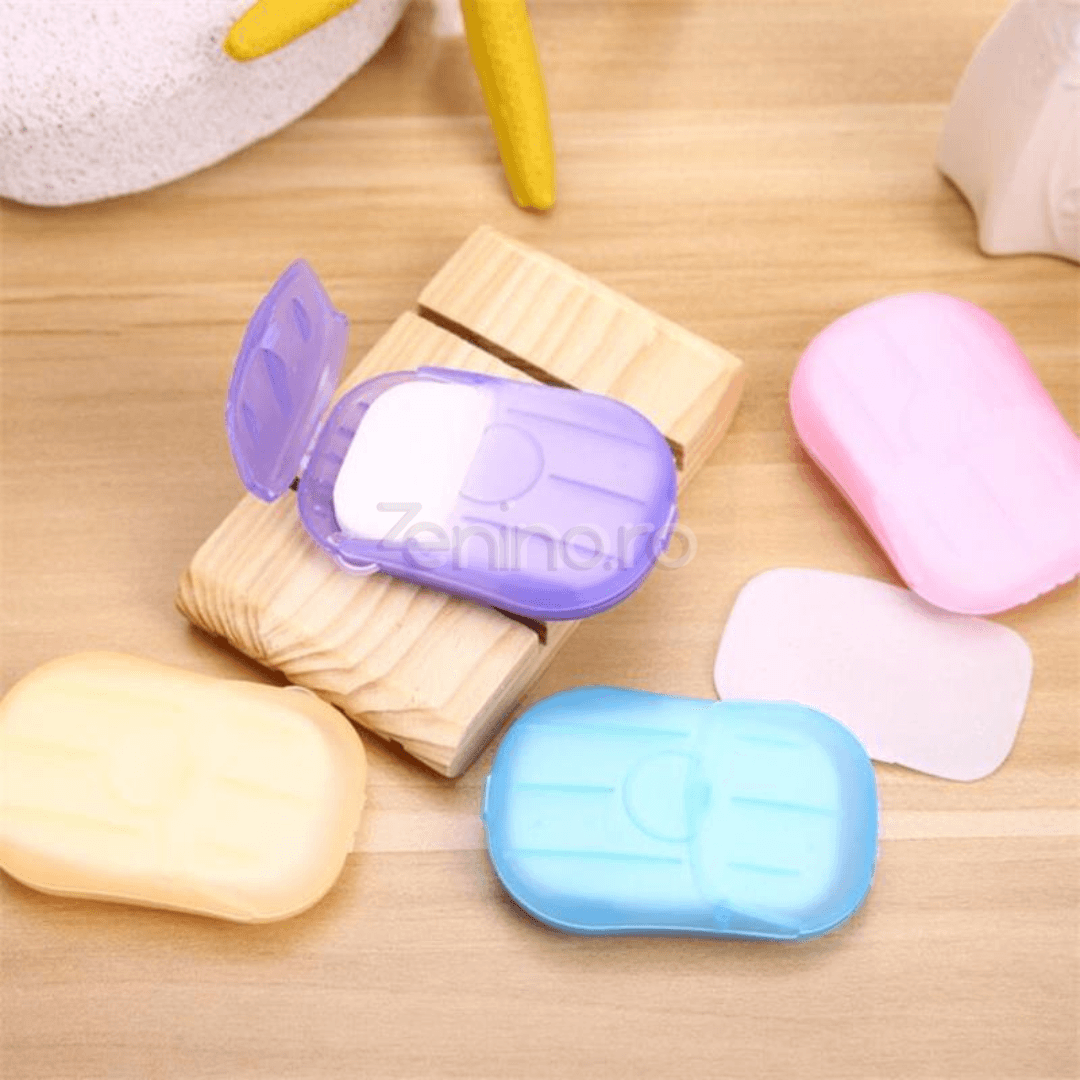 Set of 20 Soap Sheets, Mini Box Included, Single Use, Perfect for Travel, Biodegradable, Compact Size, 7x4.6cm