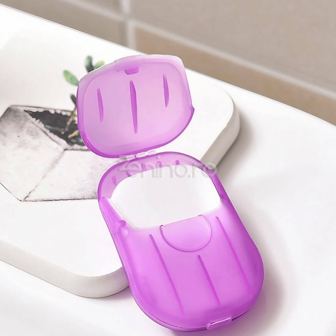 Set of 20 Soap Sheets, Mini Box Included, Single Use, Perfect for Travel, Biodegradable, Compact Size, 7x4.6cm