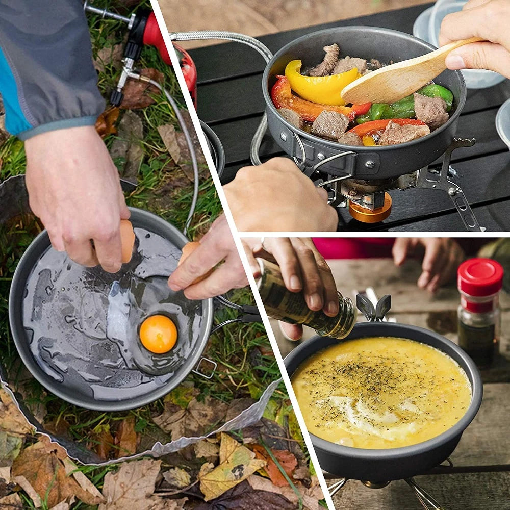 Zenino Camping Cooking Set - 9 Pieces, Non-Stick Surface, Pot, Pan, Accessories Included, Portable, Anodized Aluminum, Gray